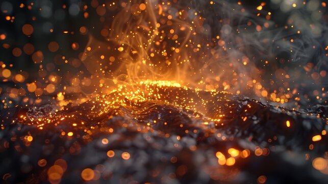 Welding sparks reflecting off fire-resistant tarp, controlled energy, glowing process shot, Cinematic Scene