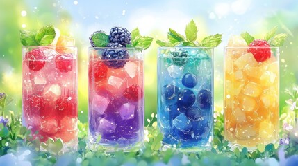 Vibrant fruit drinks in frosted glasses, a colorful refreshment.
