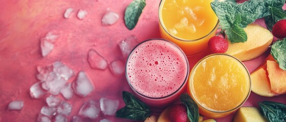 Refreshing fruit smoothies on a pink surface.
