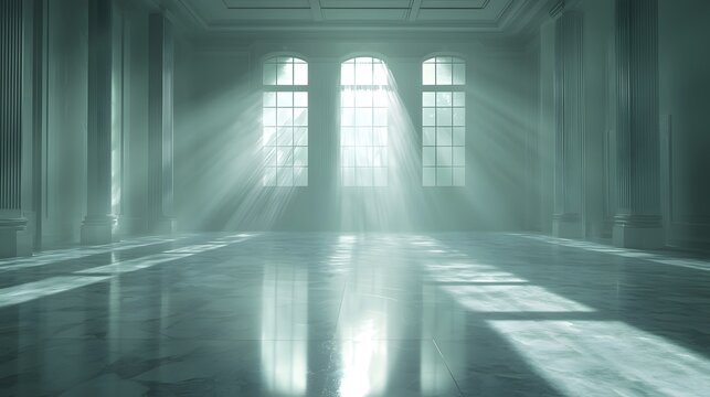 Quiet siren light rotating across clean polished floor, restored calm, ambient geometry, Cinematic Scene