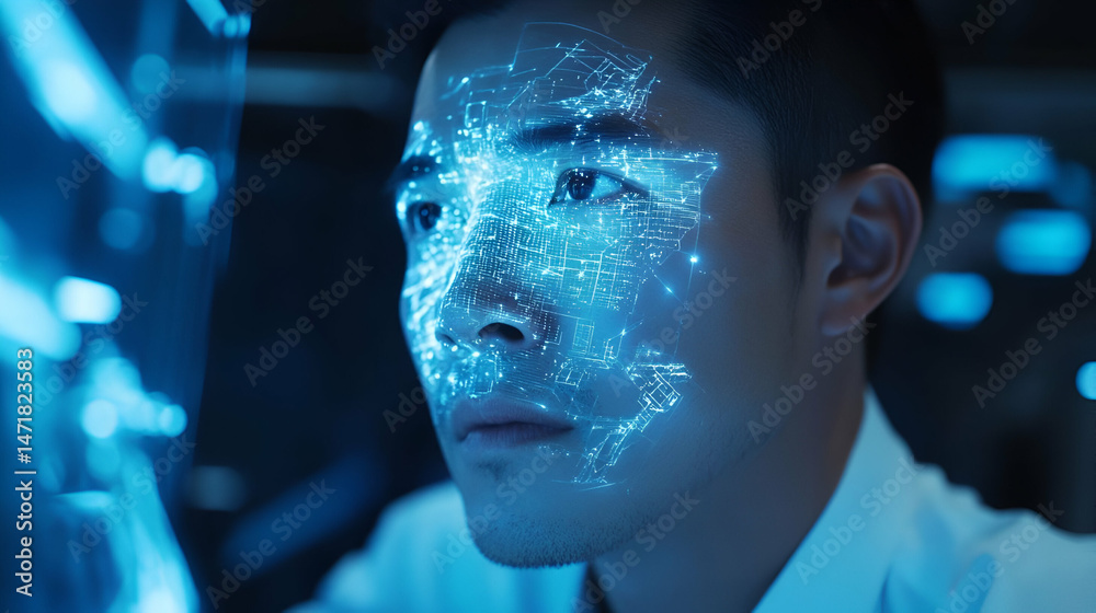 Poster man's face with digital data overlay in blue light