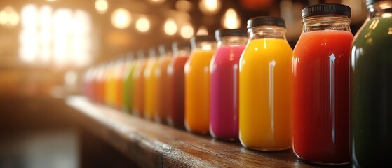 Colorful fruit juices in glass bottles on a wooden counter