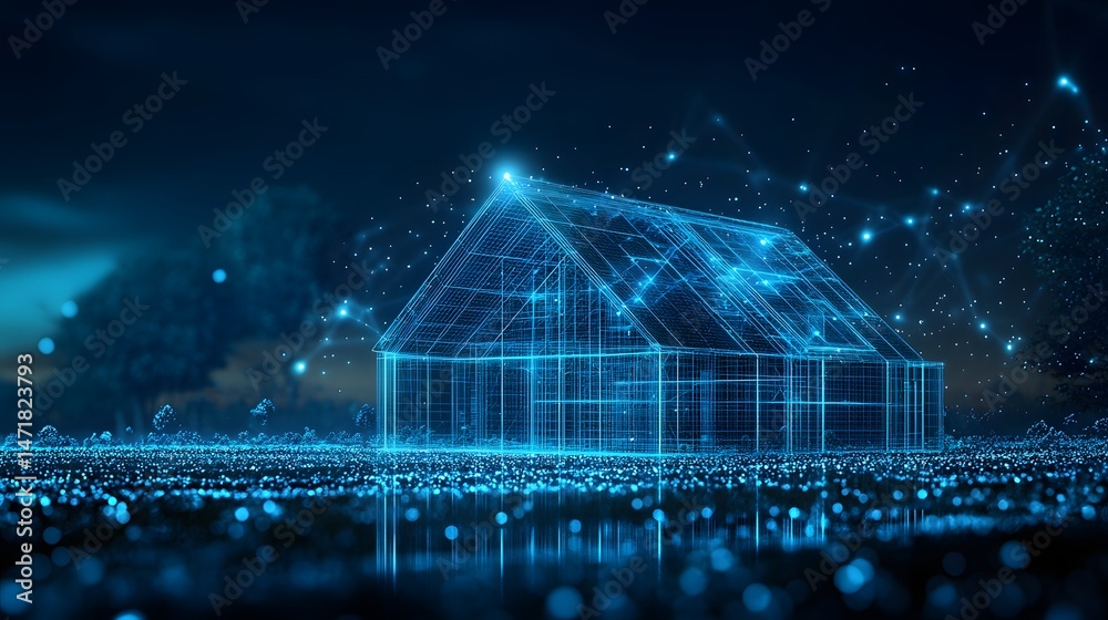 Aufkleber futuristic home blueprint glows in a field of light orbs, under a constellation sky. abstract trees 