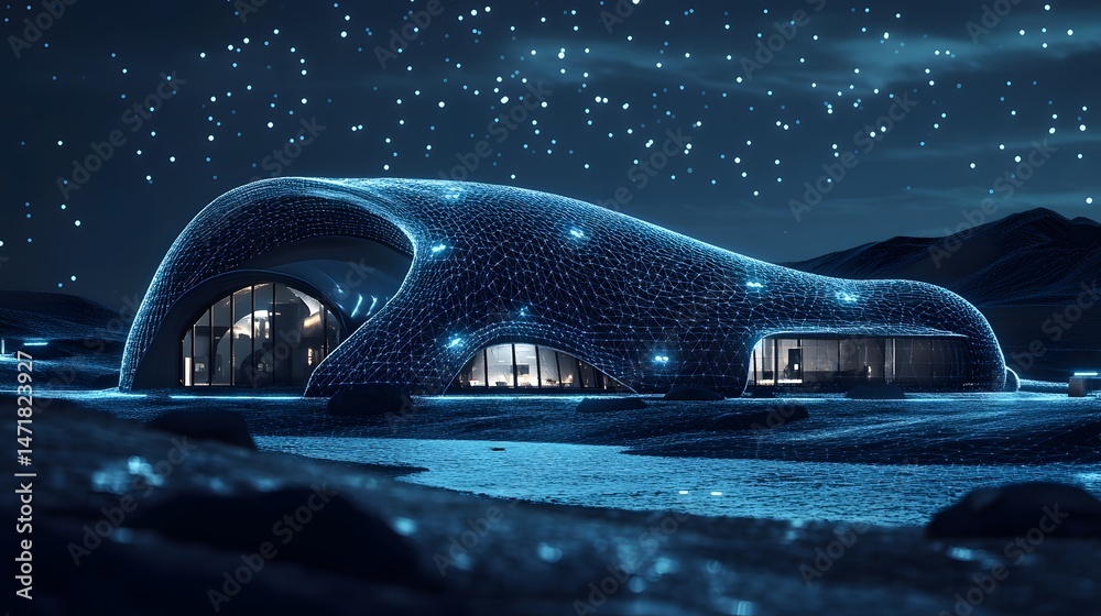 Aufkleber futuristic blue wireframe building dominates the scene. glowing structure with office interior, surr