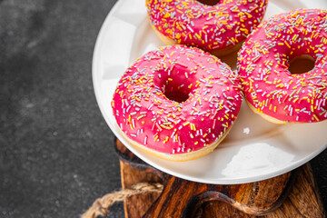 Donut sweet dessert fast food snack fresh delicious gourmet food background on the table rustic food top view copy space