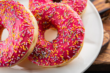 Donut sweet dessert fast food snack fresh delicious gourmet food background on the table rustic...