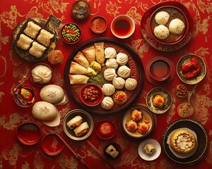 Meticulously Arranged Dim Sum Platter with Delicate Dumplings Buns and Pastries on Red and Gold Backdrop