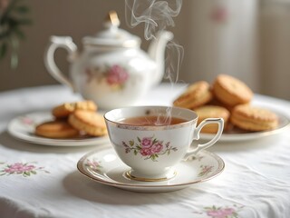 British Afternoon Tea with Earl Grey: An elegant British tea cup filled with hot Earl Grey tea, with steam rising, served with biscuits and a porcelain teapot in the background.