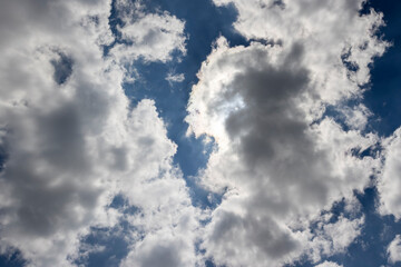 blue sky with white clouds in sunny bright weather, blue sky with cumulus clouds illuminated by sunlight