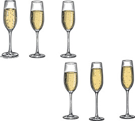 Set of champagne glasses with sparkling wine in vintage engraving style for celebration and party design