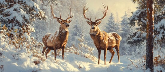 Naklejka premium Two Deer in Snowy Winter Forest