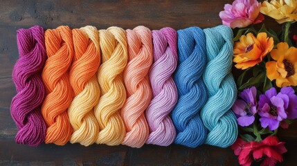 Colorful yarn skeins arranged on a wooden surface.