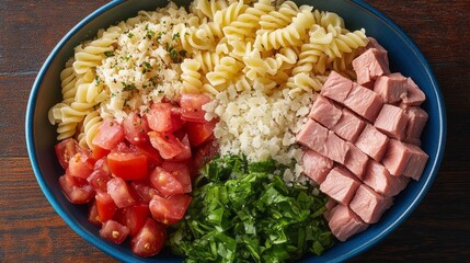 Colorful pasta salad ingredients arranged in a bowl.