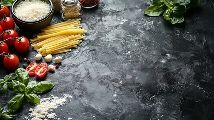 Fresh pasta ingredients arranged on a dark surface.