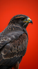 Obraz premium Majestic hawk with striking feathers and sharp beak perched against a vibrant red background, showcasing its keen gaze and powerful presence in nature's beauty