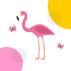 A poster with a bright flamingo and a butterfly. Vector illustration