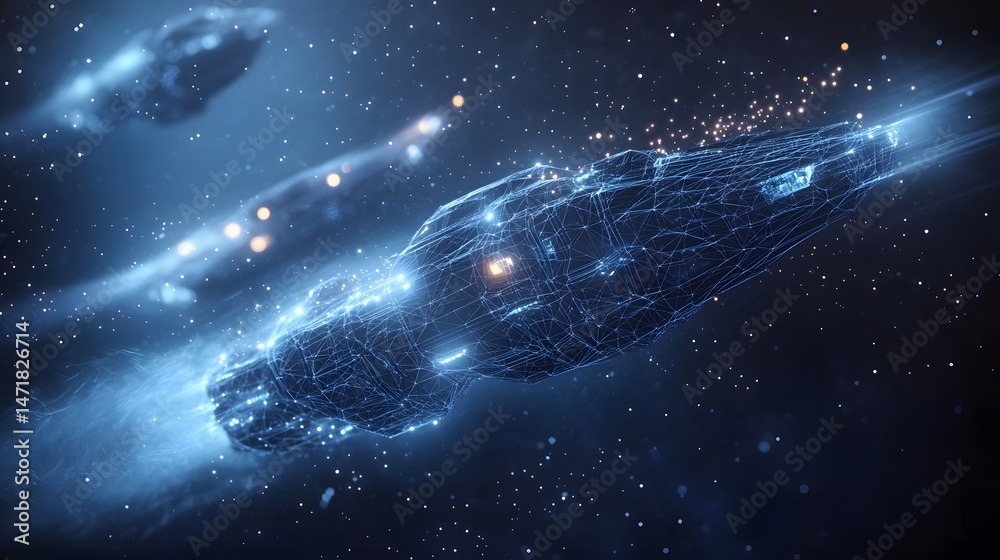 Aufkleber abstract futuristic spaceship design with glowing blue wireframes against a deep space background. a