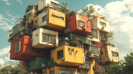 Colorful,  stacked,  futuristic  urban  architecture  with  plant life.