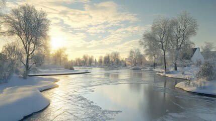 A snowy landscape with a river and a house in the background