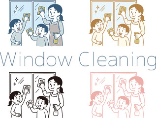 窓ふき掃除する家族のイラスト