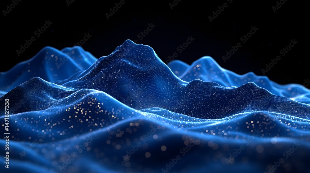 Poster digital blue hills rise from the darkness, a futuristic data landscape twinkling with blurred orbs. 