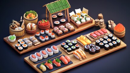 Diverse sushi and Asian food display (2)