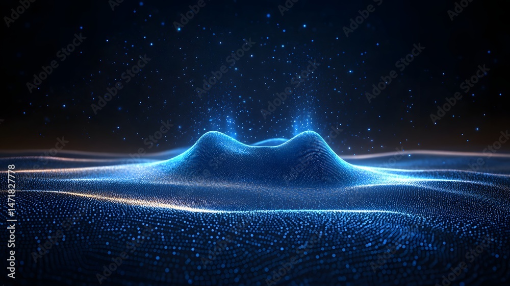 Poster vibrant digital landscape with a celestial backdrop. blue dots form a wavy terrain illuminated by go