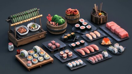 Diverse sushi and Japanese food collection