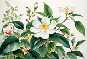 There is a painting of white flowers and green leaves