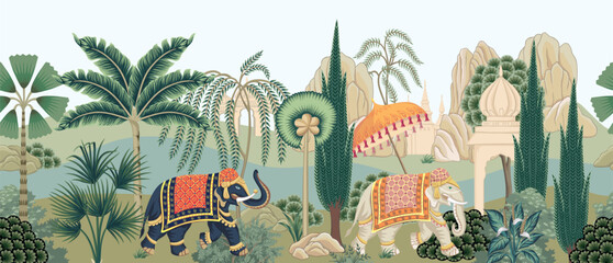 Fototapeta na wymiar Indian elephants, architecture, palms, trees, plants, mountain, river seamless border. Oriental landscape mural.