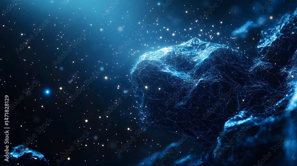 Poster abstract cosmic scene with a dark blue starlit background and a glowing, interconnected blue fiber o