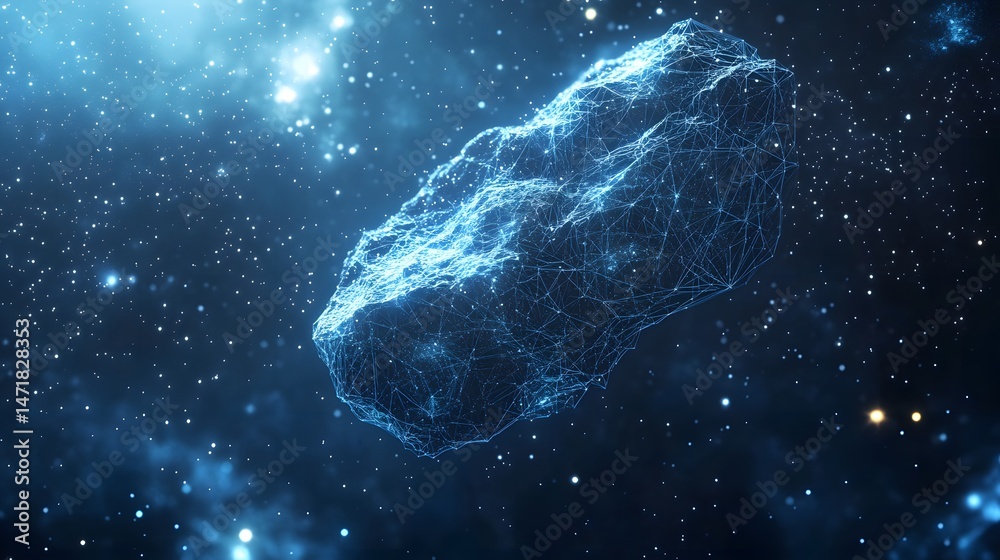 Fototapete futuristic asteroid aglow with digital networks drifts in deep space. evokes advanced technology ami
