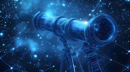 Digital telescope wireframe stands against a cosmic blue starfield. Fine lines create its form, evoking scientific precision. A celestial, futuristic view of exploration. Abstract dark blue wireframe