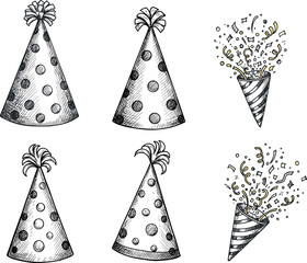 Set of vintage engraving style party hats and poppers with confetti for festive celebration decoration