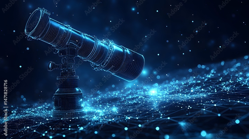 Leinwandbilder a blue wireframe telescope on a stand observes a cosmic scene. digital stardust and interconnected l