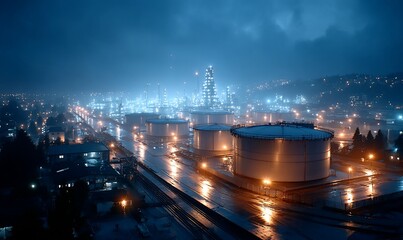 Fototapeta premium Industrial complex at night, lit by bright lights with storage tanks. City landscape under a cloudy sky