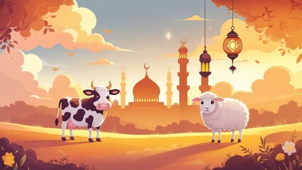 Idul Adha Vector Illustration with Mosque, Lantern, Cow, and Sheep in Warm Sunset Colors