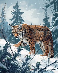A wild, spotted snow leopard, a magnificent feline predator, and a bobcat with thick fur brave the snowy winter landscape