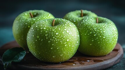 Green Apple Freshness - Vibrant green Granny Smith apple with dewdrops, tart and crisp appearance, bright color pop against void
