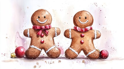 Two cheerful gingerbread men, festive watercolor illustration.