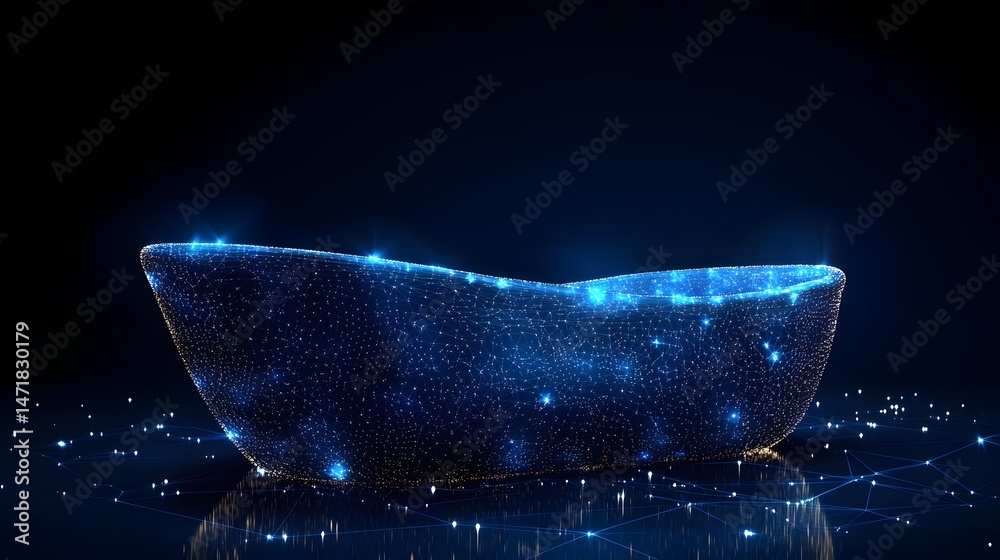 Aufkleber futuristic blue wireframe trough glows against a dark backdrop, reflecting on a glossy surface. inte