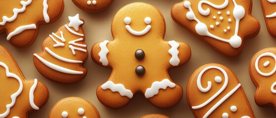 Festive gingerbread cookies with decorative icing.