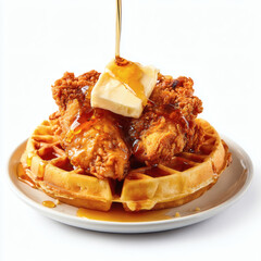 A mouthwatering plate of fried chicken served on a crispy waffle, drizzled with syrup and a pat of butter.