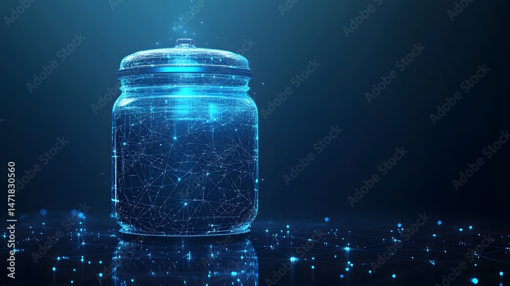 Aufkleber Futuristic jar glows with digital energy. A network of light fills the glass, reflecting technology and innovation. Perfect for showcasing cutting-edge concepts. Abstract dark blue wireframe