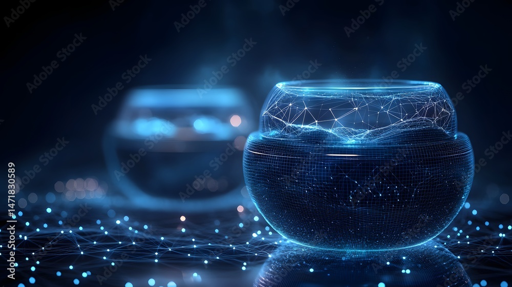 Fototapete Futuristic bowls glow blue, revealing intricate digital interfaces and networked data. Interconnected lines suggest advanced tech, ideal for digital themes. Abstract dark blue wireframe