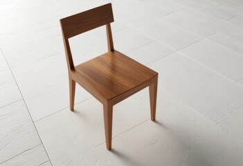 There is a wooden chair sitting on the white tile floor