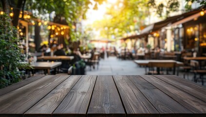 Outdoor cafe scene with wooden table