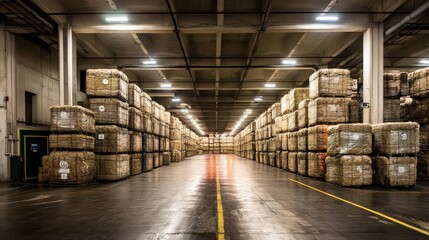 Fototapeta premium Industrial Warehouse Filled with Stacked Bales of Raw Materials