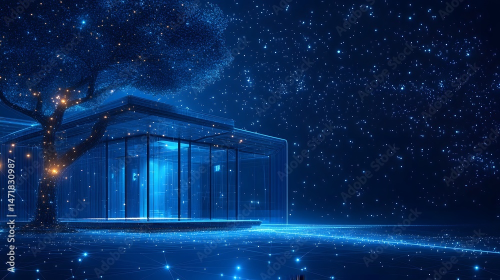 Aufkleber futuristic scene featuring a glowing tree, transparent building, and interconnected ground with a st