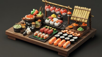 Diverse sushi selection on a wooden market stall